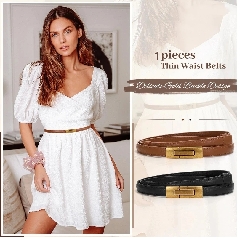 Women’s Adjustable Skinny Patent Leather Belt, Slim Genuine Leather Waist Belt with Alloy Buckle for Dresses