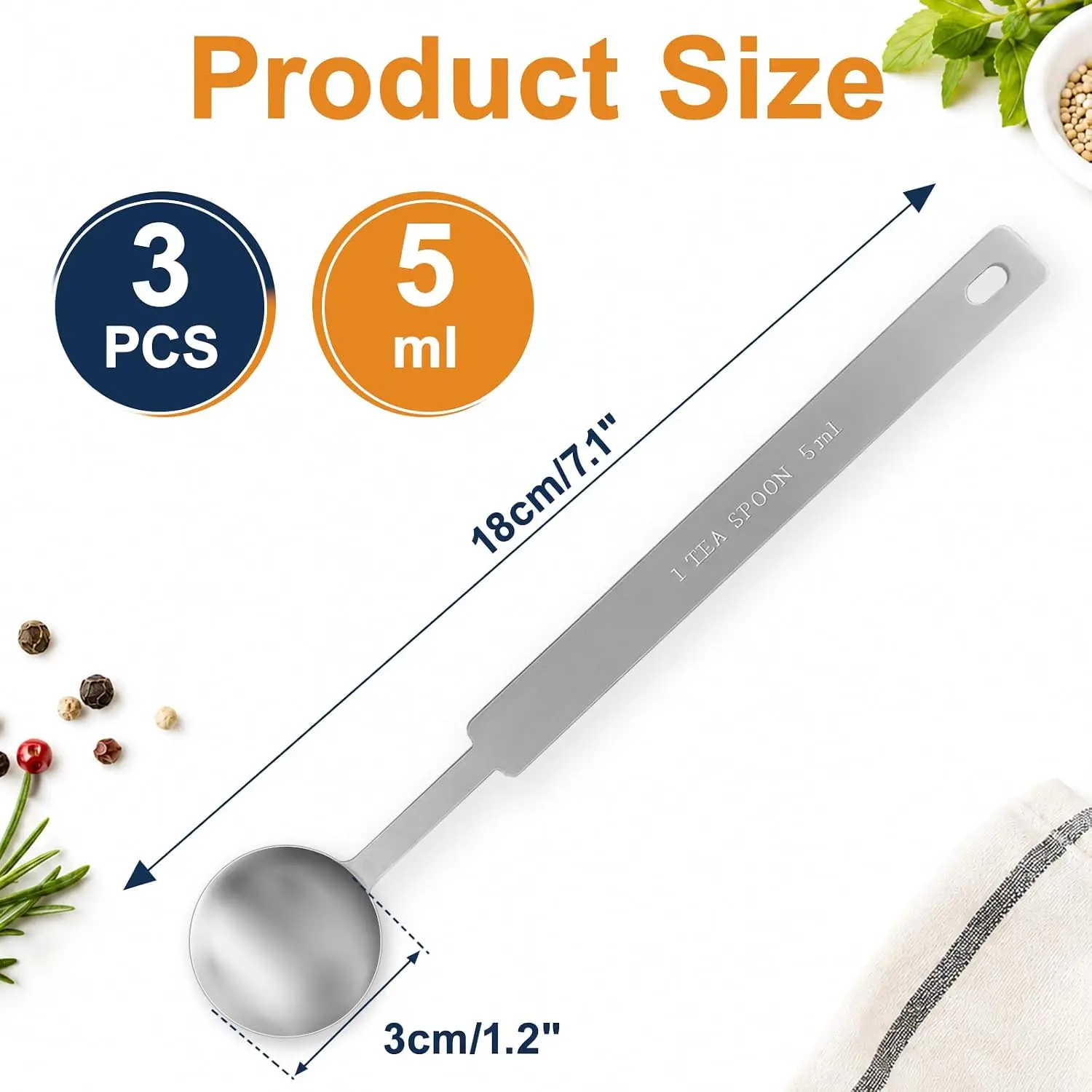 3 Pcs 1 Teaspoon 304 Stainless Steel Measuring Spoons, 5ml Long Handle Metal Scoop for Cooking Baking Coffee Protein Powder