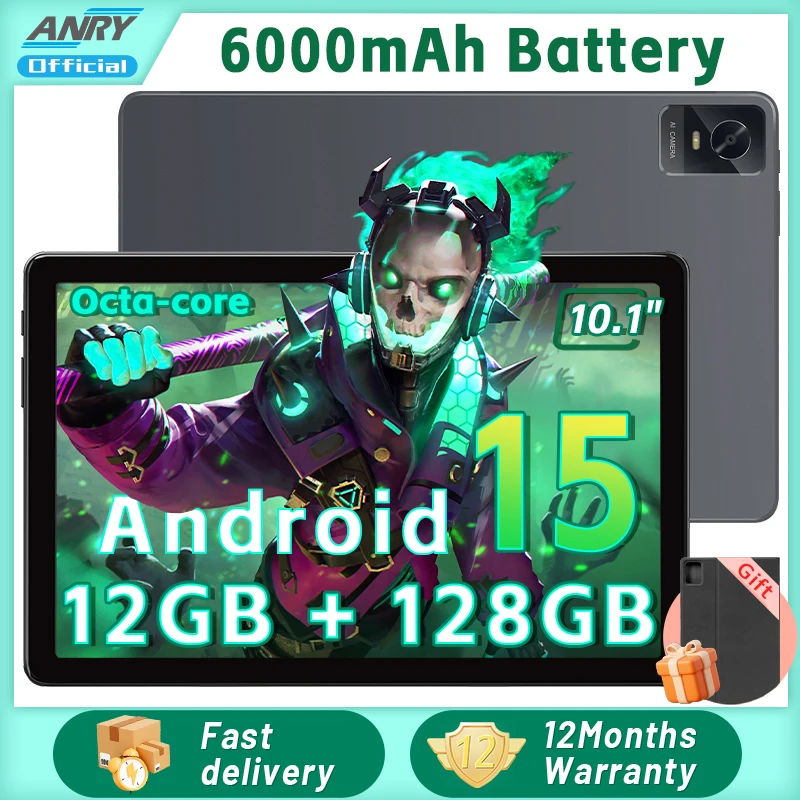 

Таблетки 2025, планшет ANRY Android 15, 10,1 дюйма, 12 ГБ + 128 ГБ, 6000 мАч, аккумулятор, 5G, Wi-Fi, два динамика, 5 МП + 13 МП, двойная камера