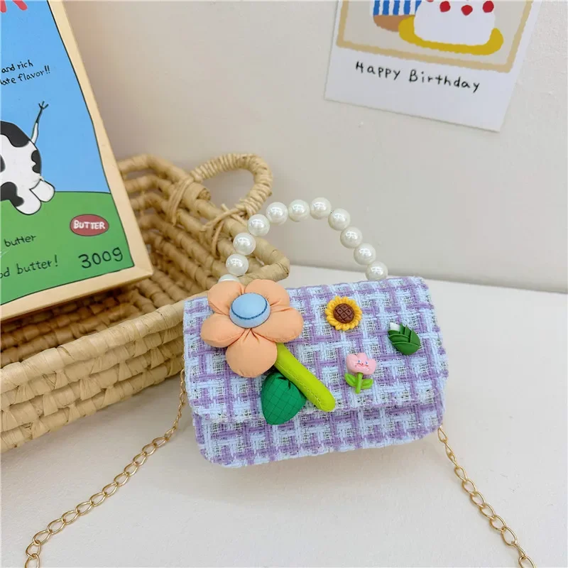 Fashion Luxury Pearl Handle Children\'s Shoulder Bag Sweet Square Princess Children Crossbody Bags Cute Cartoon Flower Kid Purse