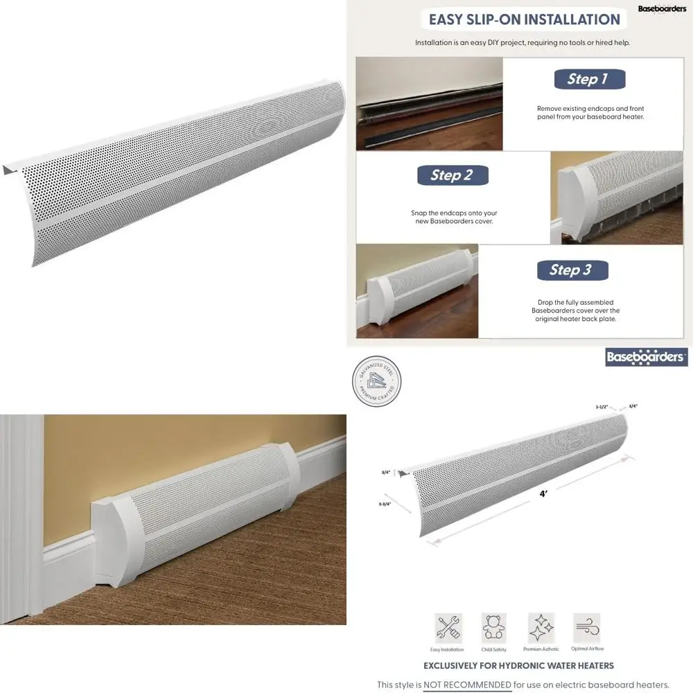 

4 ft Galvanized Steel Baseboard Heater Cover Replacement - Easy Install, White, Fits Hydronic Systems