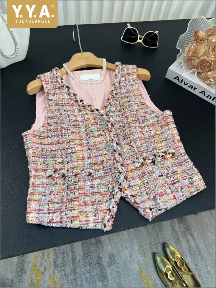 Colorful Weave Fashion Women Tweed Vests V Neck Single Breasted Designer Sleeveless Short Jacket Casual Office Ladies Waistcoat