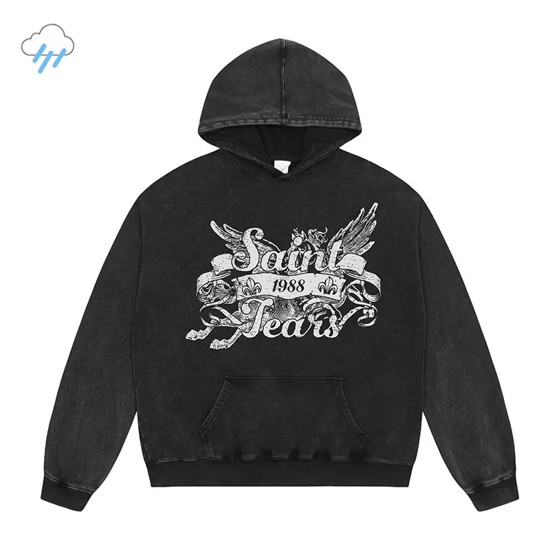 Autumn Winter 100% Cotton Vintage Washed Black Saint Tears Hoodie Men Women Classic Crack Letters Logo Print Pullovers Hooded