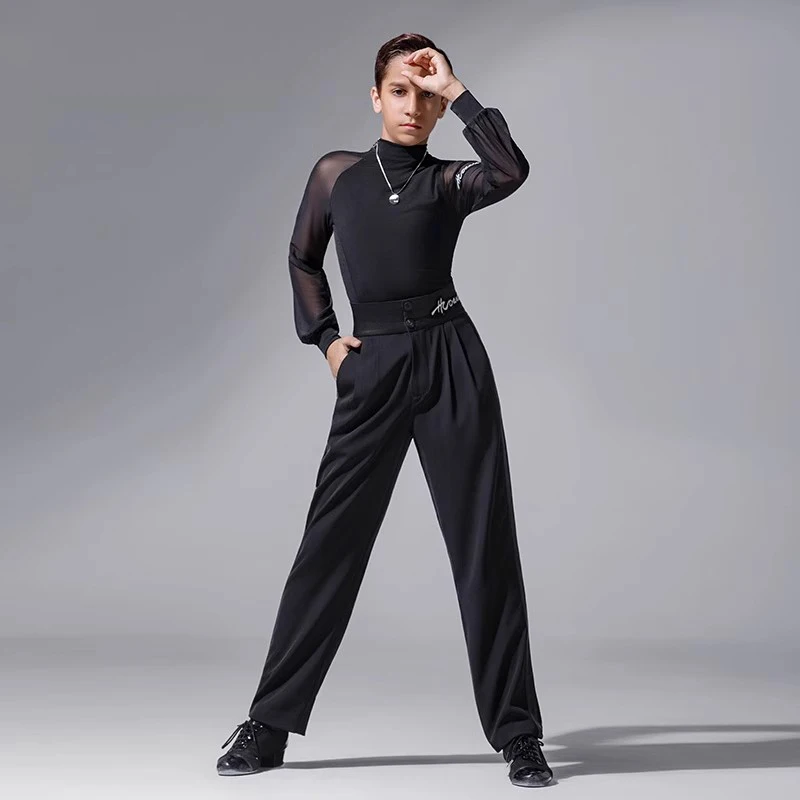 

Одежда для латинских танцев для мальчиков 2024, сетчатый топ с длинными рукавами, брюки, тренировочная одежда, чача, румба, танго, детская одежда для латинских танцев DN22066