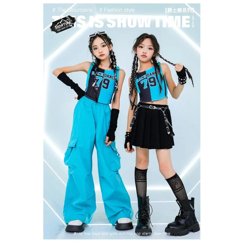الفتيات Kpop ملابس رقص الجاز زي الاطفال الأزرق سترة السراويل تنورة باردة الهيب هوب الملابس المراهقين الحفل مرحلة الأداء الدعاوى