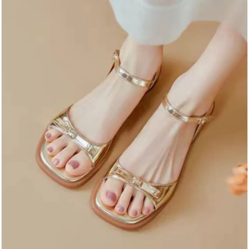 

Bow Shaped Buckle Strap Sandals for Women with Flat Soles and Thick Heels Summer New Versatile Fashion Gold Silver Flat Sandals