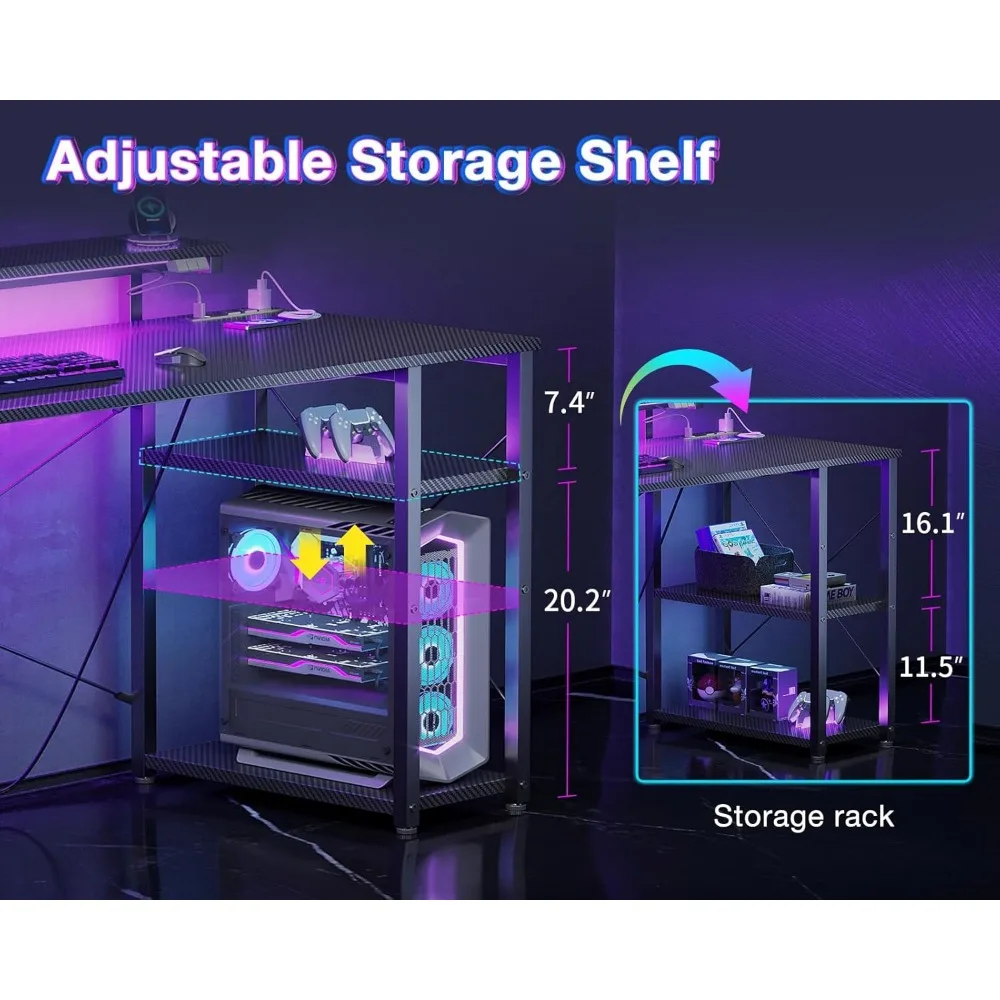 Gaming Desk with Led Lights & Power Outlet, 47 Inch Gaming Computer Desk with Shelves, Reversible Gamer Desk Table with Adjusta