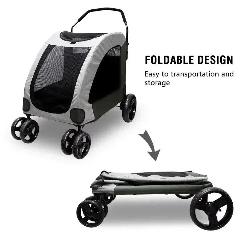 4 Wheel Dog Stroller for Large or 2 Dogs for Jogger Wagon Foldable Travel Carriage Breathable Pet Expedition Gear Cart