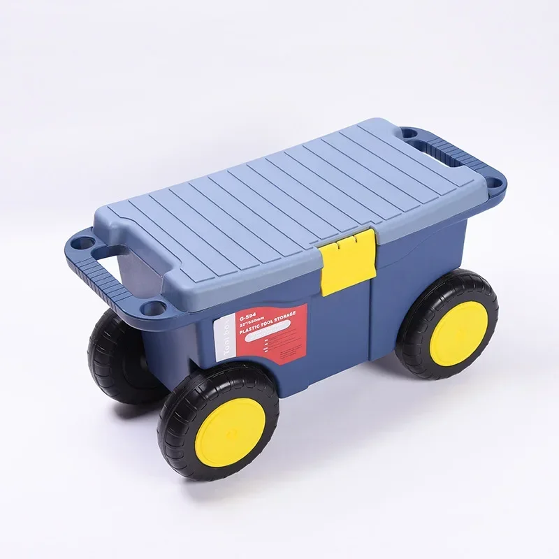 Plastic Rolling Garden Seat Storage Box Carts with Wheels Garden Cart Rolling Storage Bin With Bench Seat and Interior Tool Tray