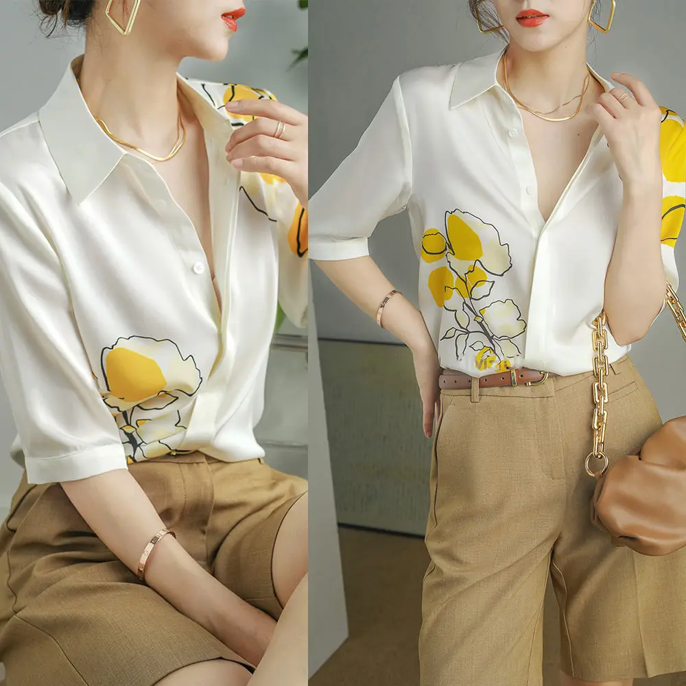 Fashion New Summer Floral Print Women Shirt Turn-down Collar Office Lady Half Sleeve Loose Chiffon Generous Shirt Femme 2022