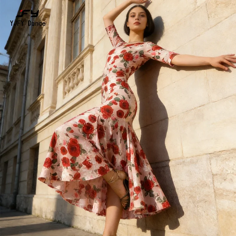 

Современная танцевальная одежда для женщин: элегантное платье для бальных танцев с цветочным принтом, миди-длина, рукава до локтя, для фокстрота, женское сценическое платье для вальса, длинное платье