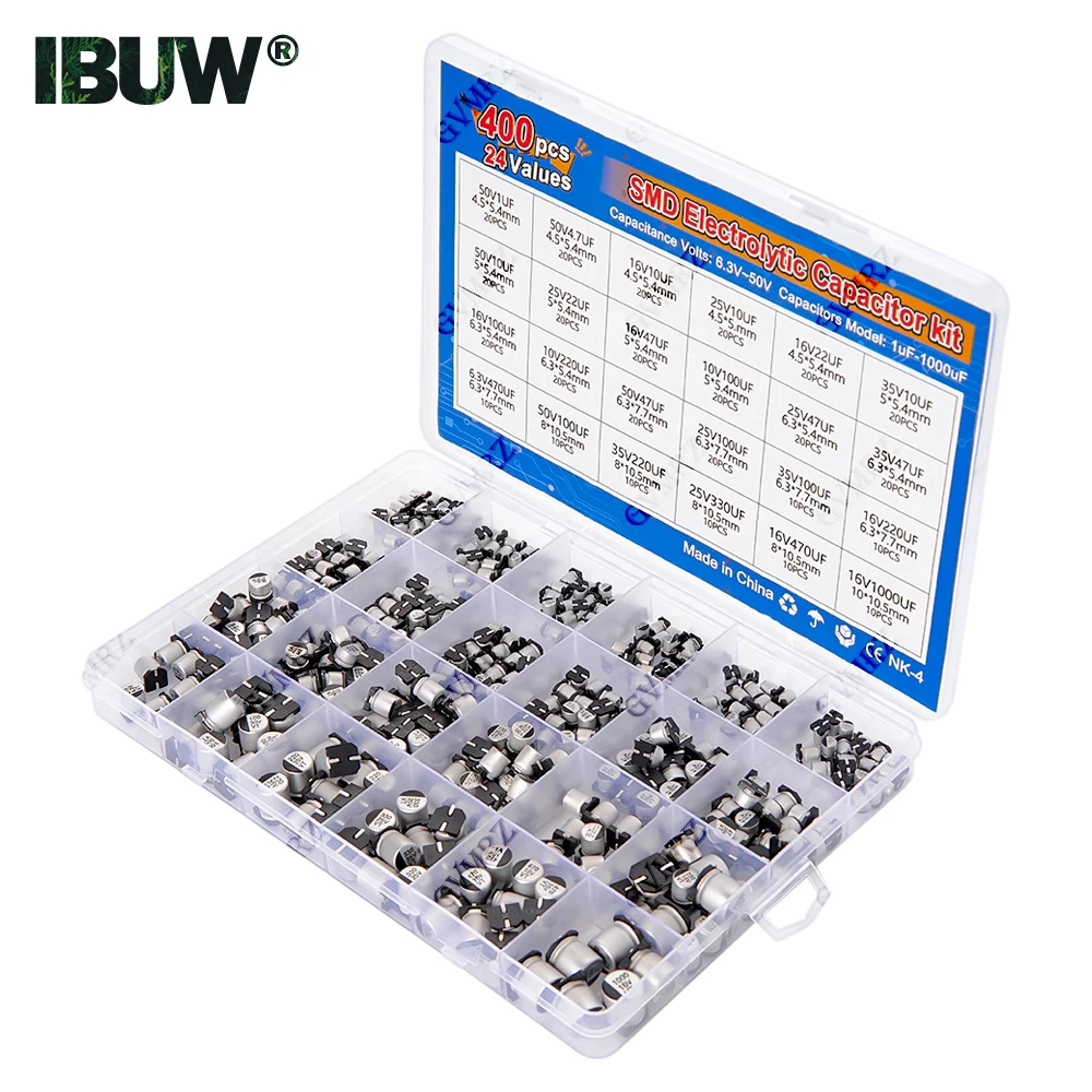 400 قطعة 24 قيمة SMD مُكثَّف كهربائيًا عدة 1 فائق التوهج-1000 فائق التوهج 6.3 فولت-50 فولت لمشاريع الإلكترونيات