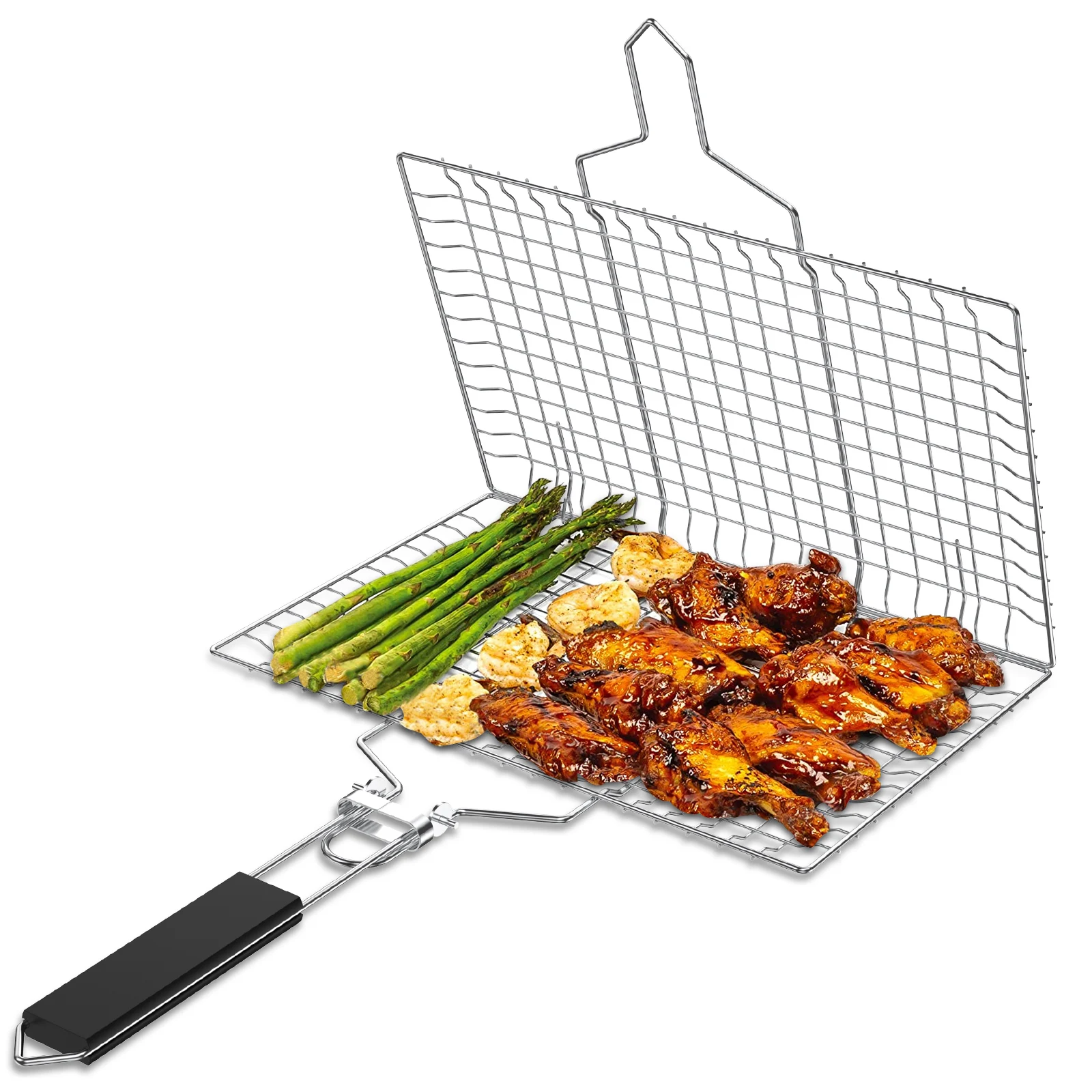 Stainless Steel Grill Basket with Easy Open/Close Lid Portable BBQ Grill Basket with Foldable Handle Large Capacity Grilling