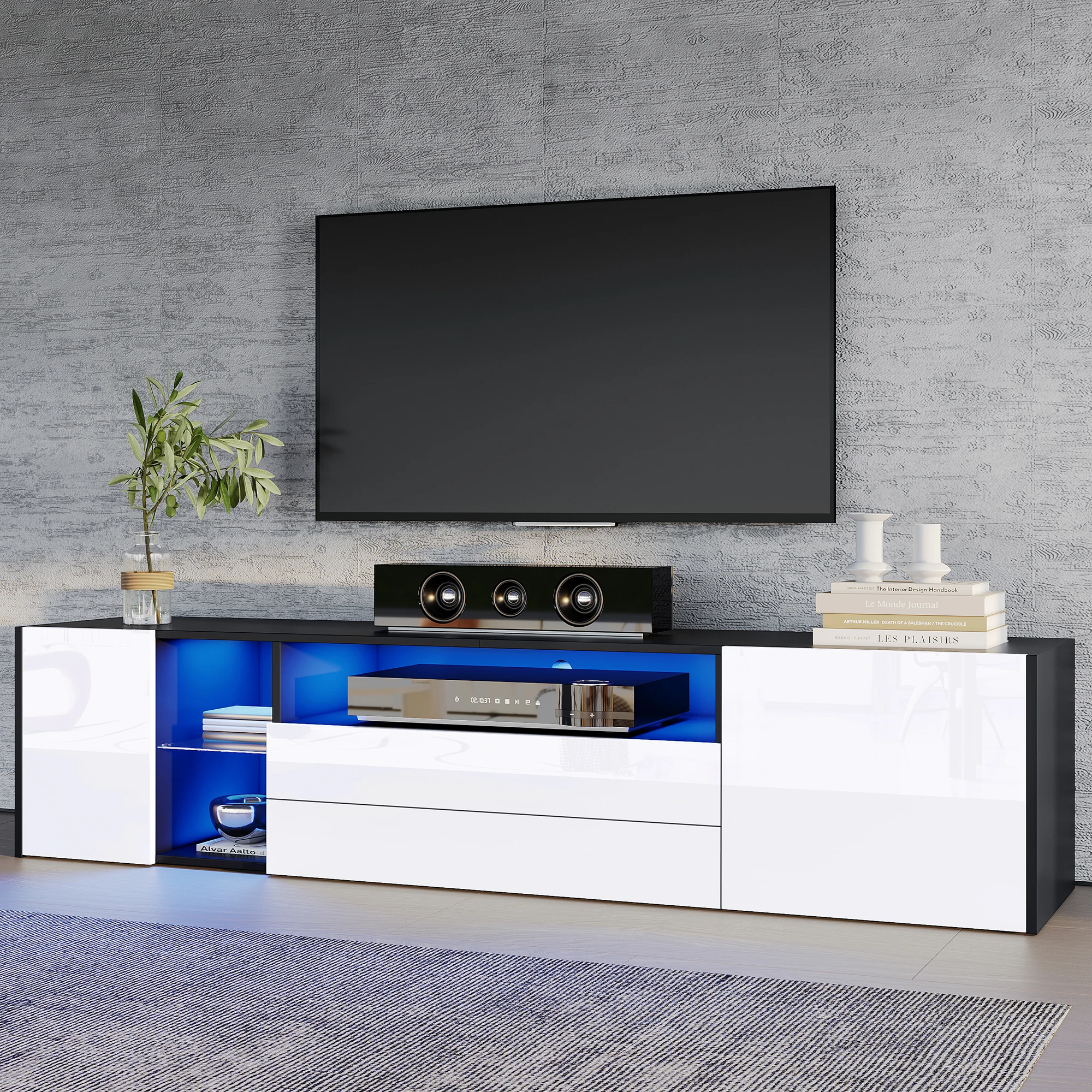 KOMHTOM Hochglanz-LED-TV-Schrank 180x40x45 cm - 2 Schubladen, 2 Schränke, stabiler Standschrank für 75-Zoll-Fernseher