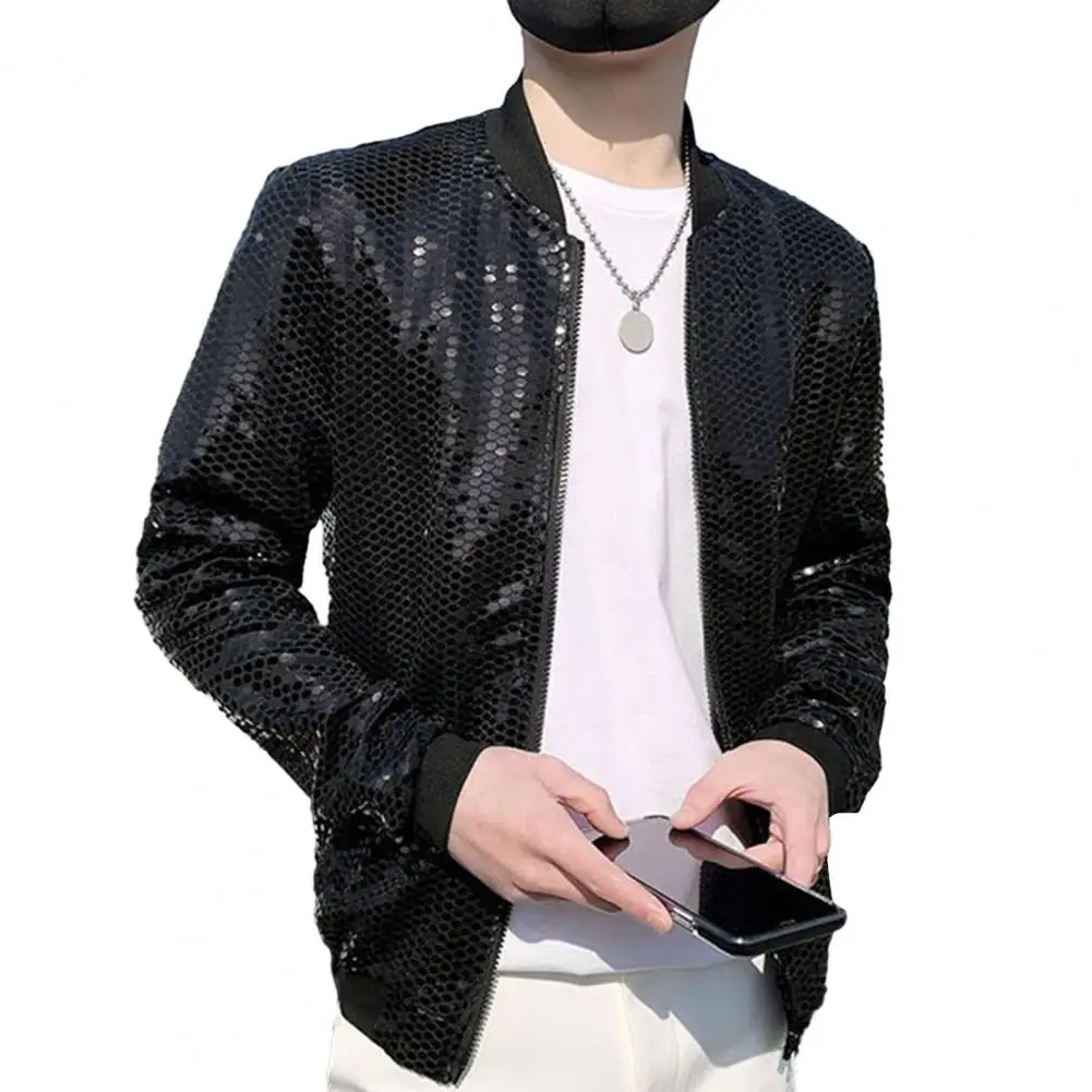 

Baseball Style Coat for Men Sequin Embellished Men Jacket Sequined Stand Collar Men's Baseball Uniform Style for Club for Night