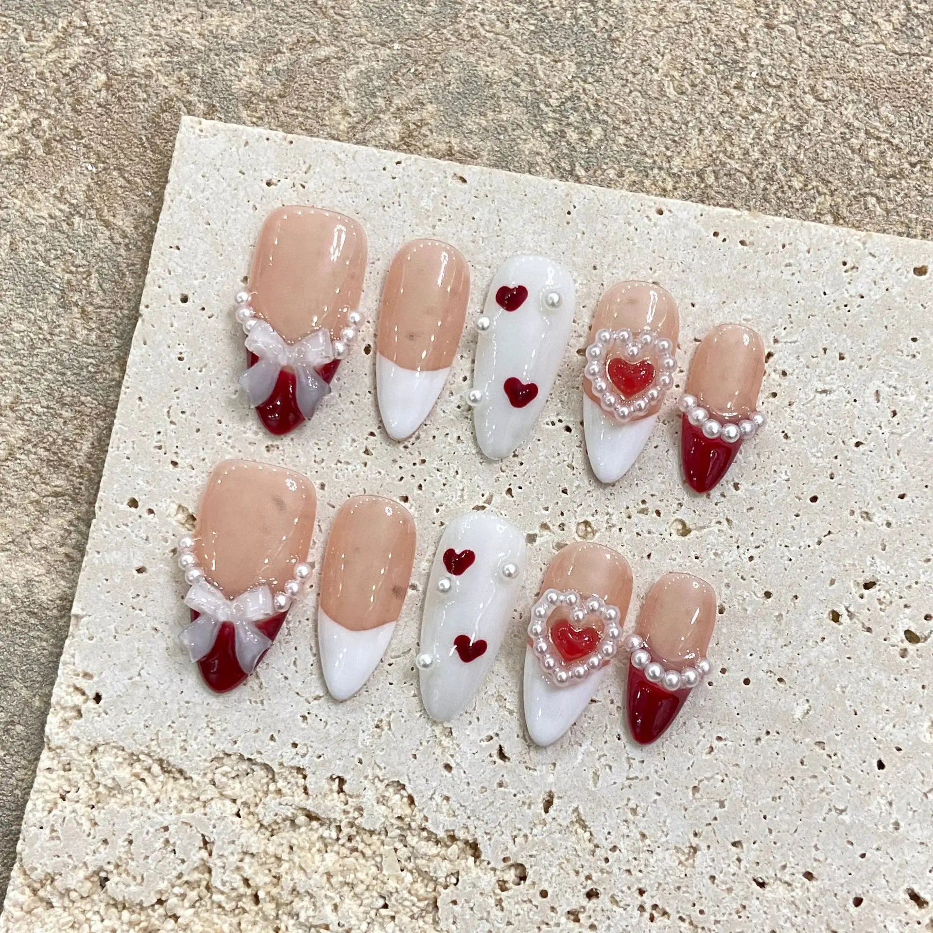 

10Pcs Mid-length Almond Handmade Press on Nails Bow Red Heart Fake Nail Full Cover Pearl French Design Reusable False Nails Tips
