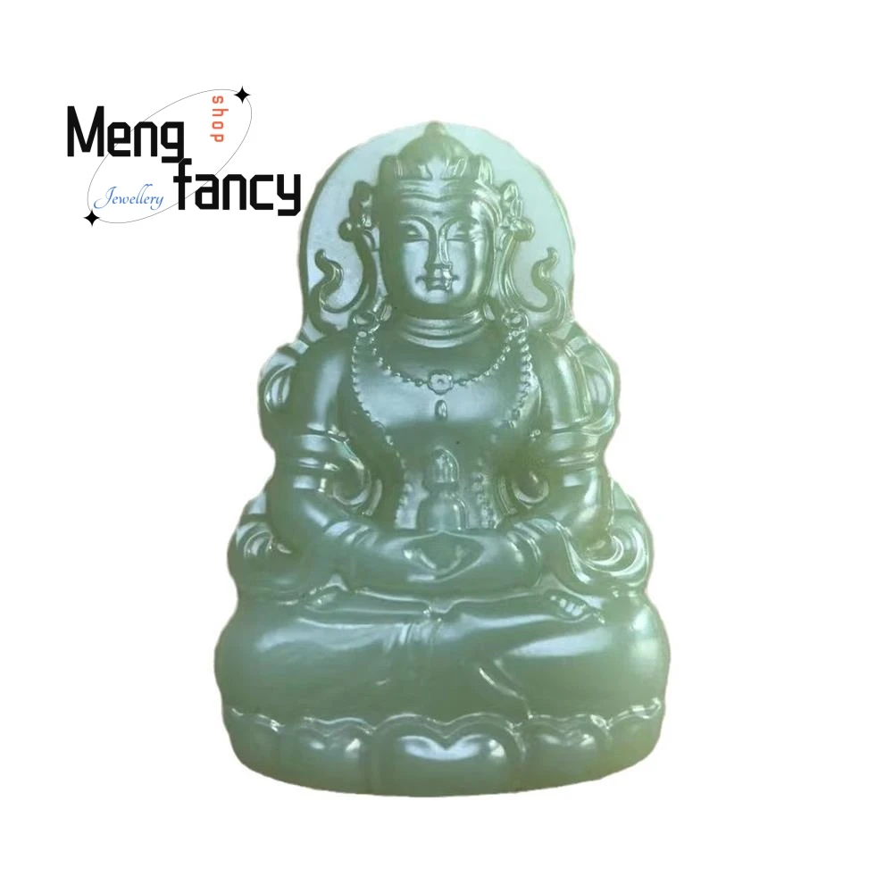 Natural Hetian Verde Jade Guanyin Pingente, Amuletos Requintados e Elegantes, Simples Jóias Budistas de Alto Grau, Presente de Férias Elegante