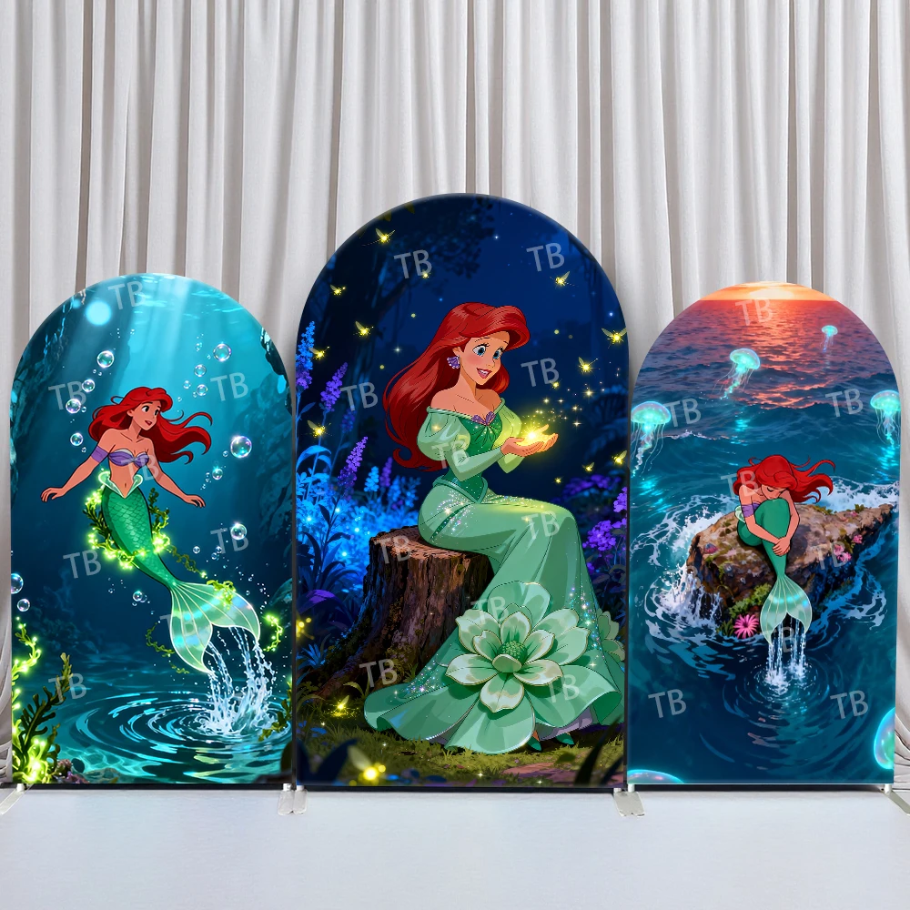 

TB Little Mermaid Arch Backdrop Cover Birthday and Baby Shower Glowing Bubble Firefly Seaside Theme Kids Party Photo Booth Decor