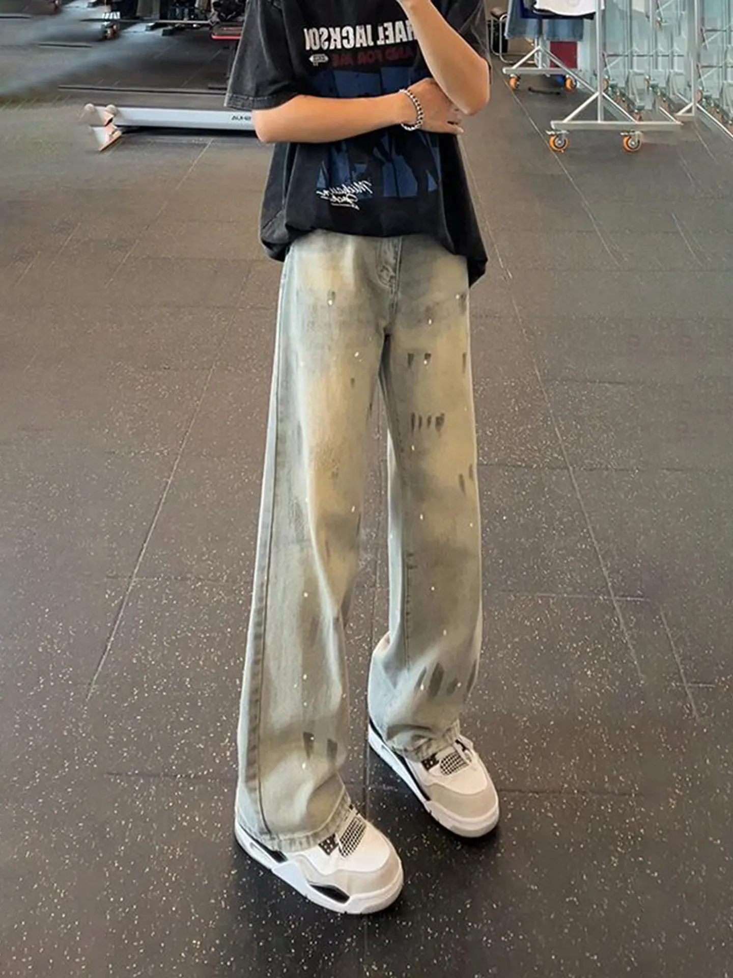 American Graffiti Dye  Paw Print Men's Vintage Wide Leg Jeans Straight Cut Loose Fit Casual Summer Denim Pants
