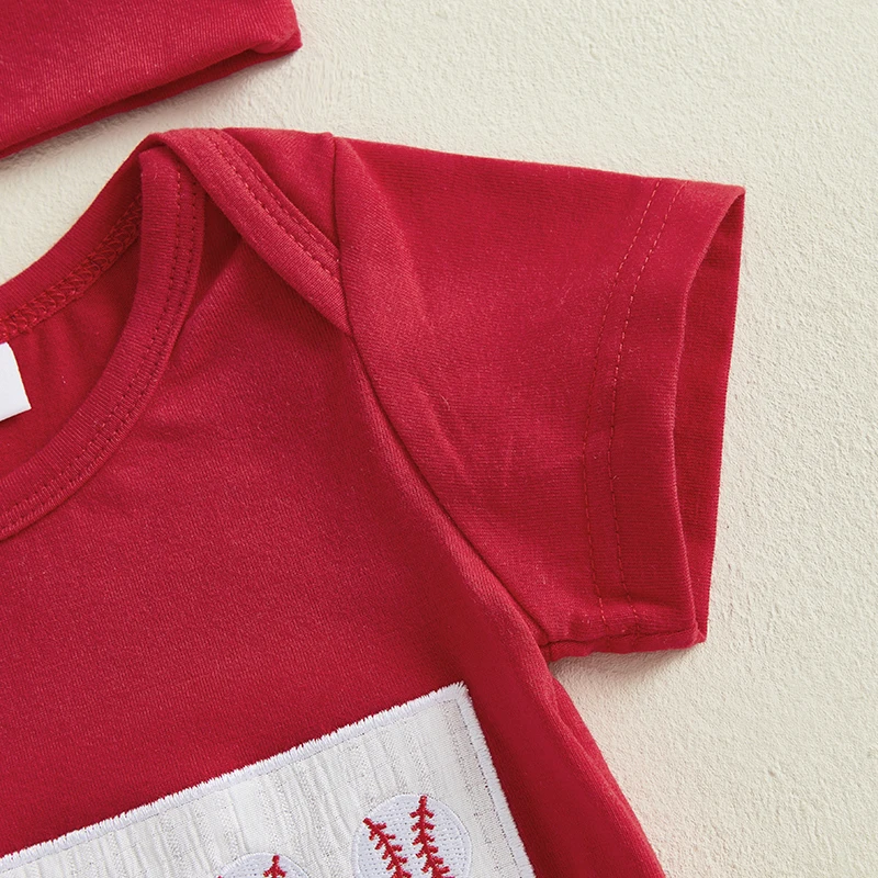 เด็กทารก 3 ชิ้นชุดกางเกงแขนสั้น O คอเบสบอลเย็บปักถักร้อย Romper กางเกงหมวก