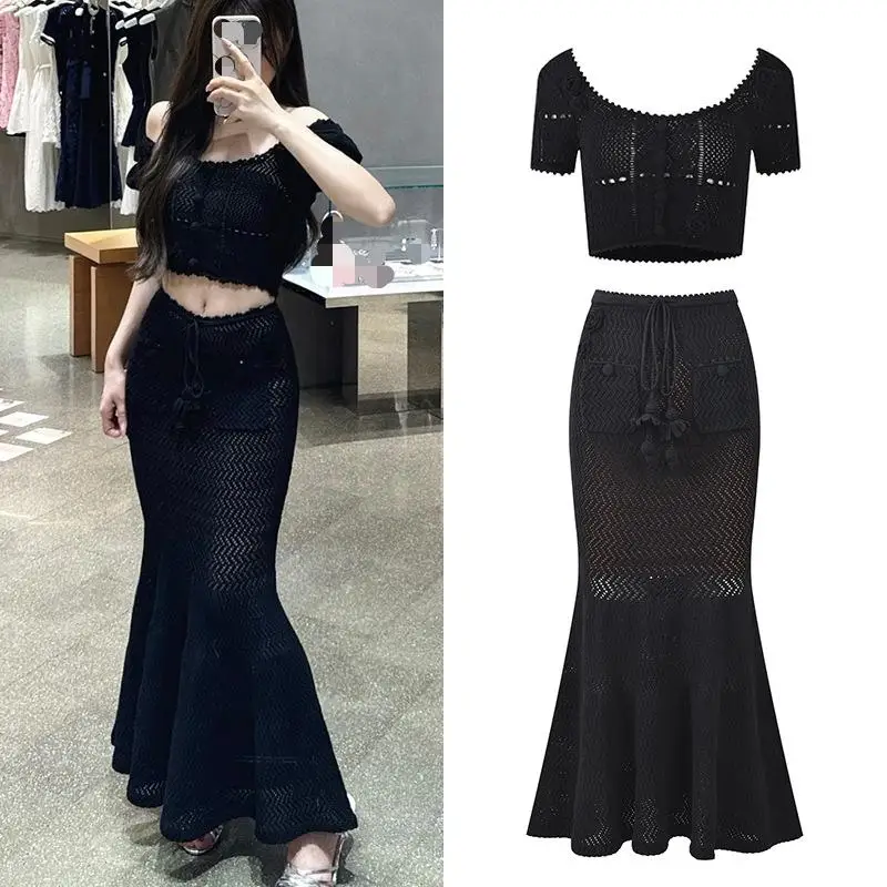 Lady Summer Stylish Designed Hollow Out So.lid Suit U-neck Short Tops Drawstring Mermaid Long Skirt Women Knit 2pcs