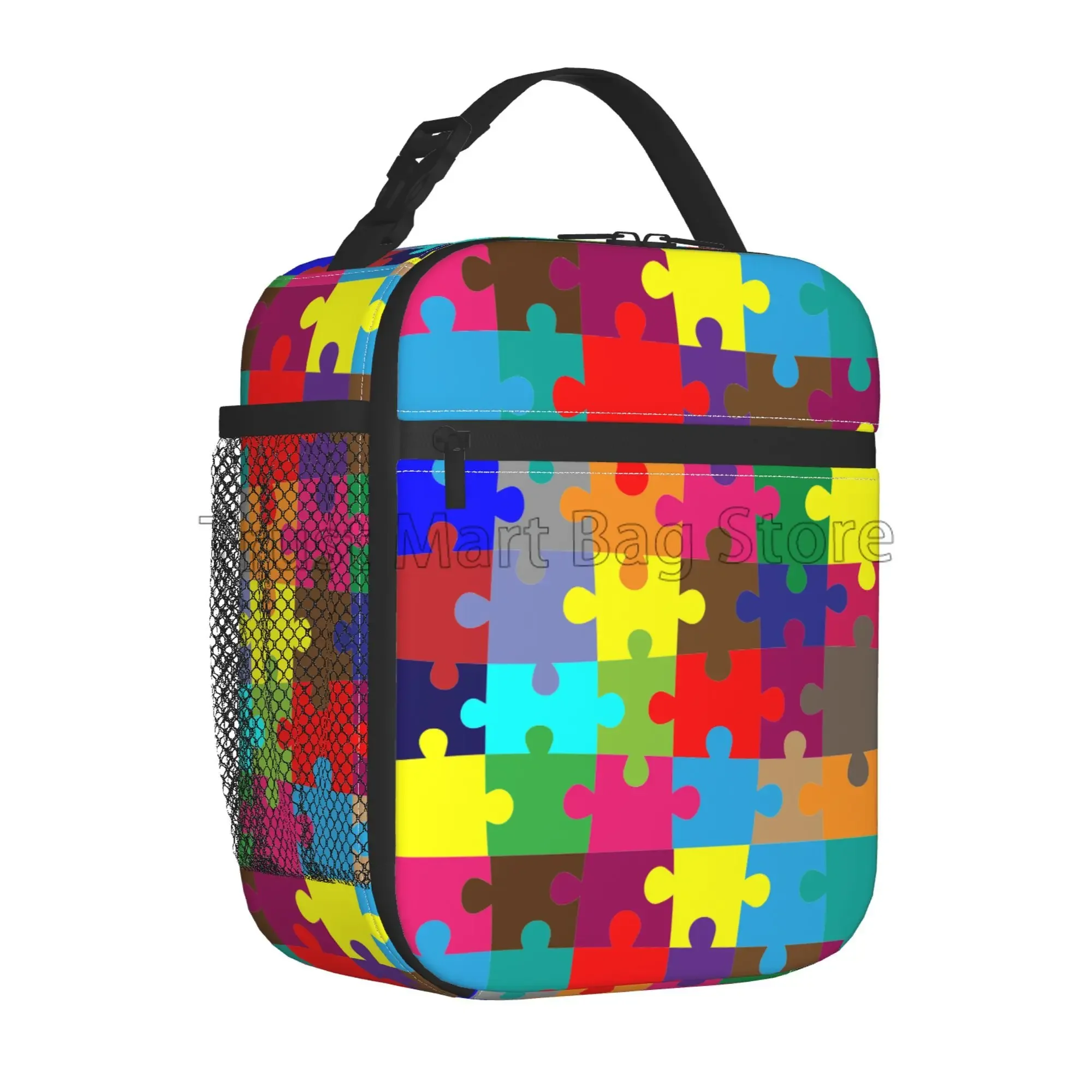 Autism Awareness Lunch Bags for Women Colorful Puzzle Piece Lunch Bag Water-resistant Thermal Bento Tote for Work Picnic Beach