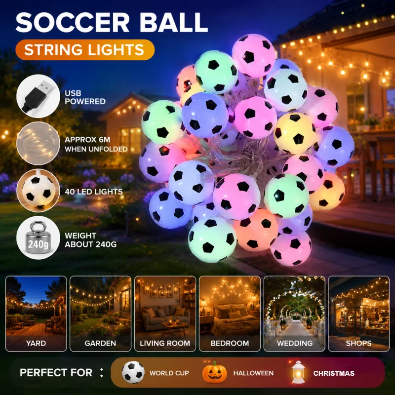 Colorful Football Shaped LED String Lights USB Powered for Garden Birthday Party Holiday Decorations Atmosphere Lighting