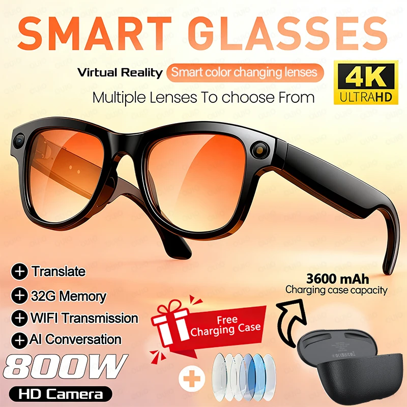 

AI Smart Glasses Photo Video Recording 4K HD Camera 290mah Microphone Noise Reduction Translation BT Call Smartglasses Men Women