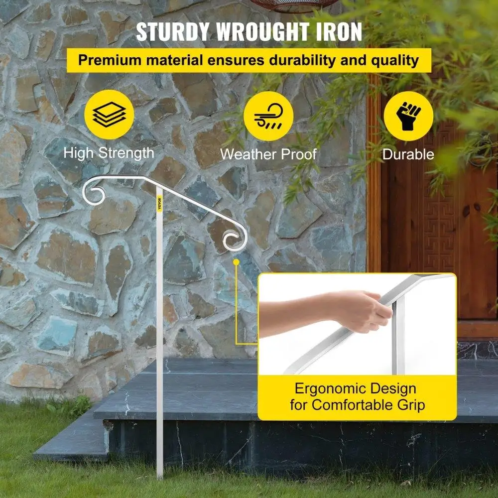 Single Post Wrought Iron Handrail - Ground Mount Step Grab Support for 1 or 2 Steps - Durable Safety Railing