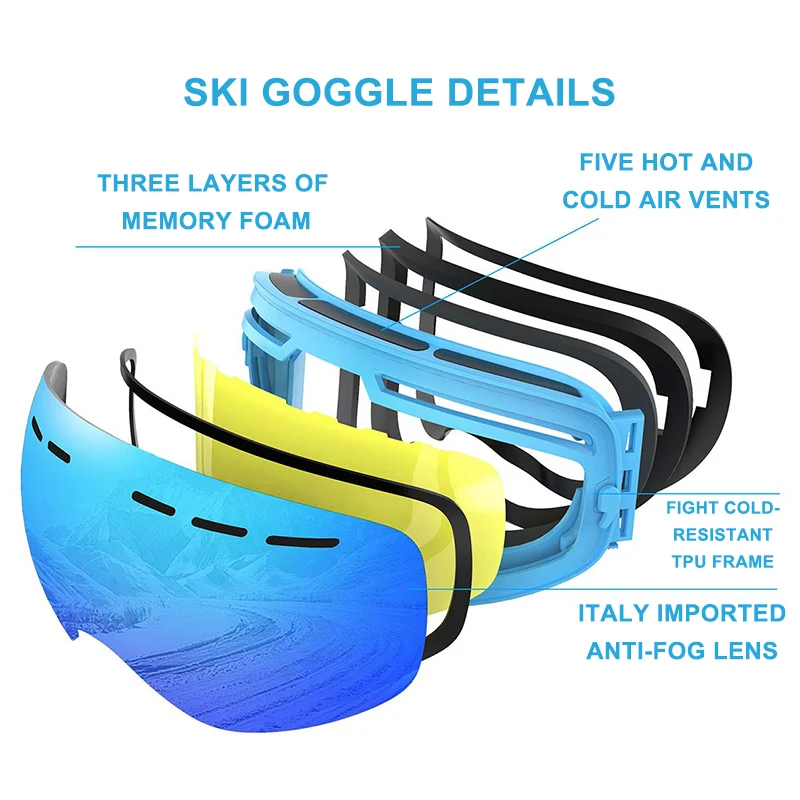 PHMAX Ski Goggles Double Layers Lens Ski Glasses UV400 Protect Anti-Fog Snowboard Goggles Outdoor Sport Skiing Eyewear Men Women