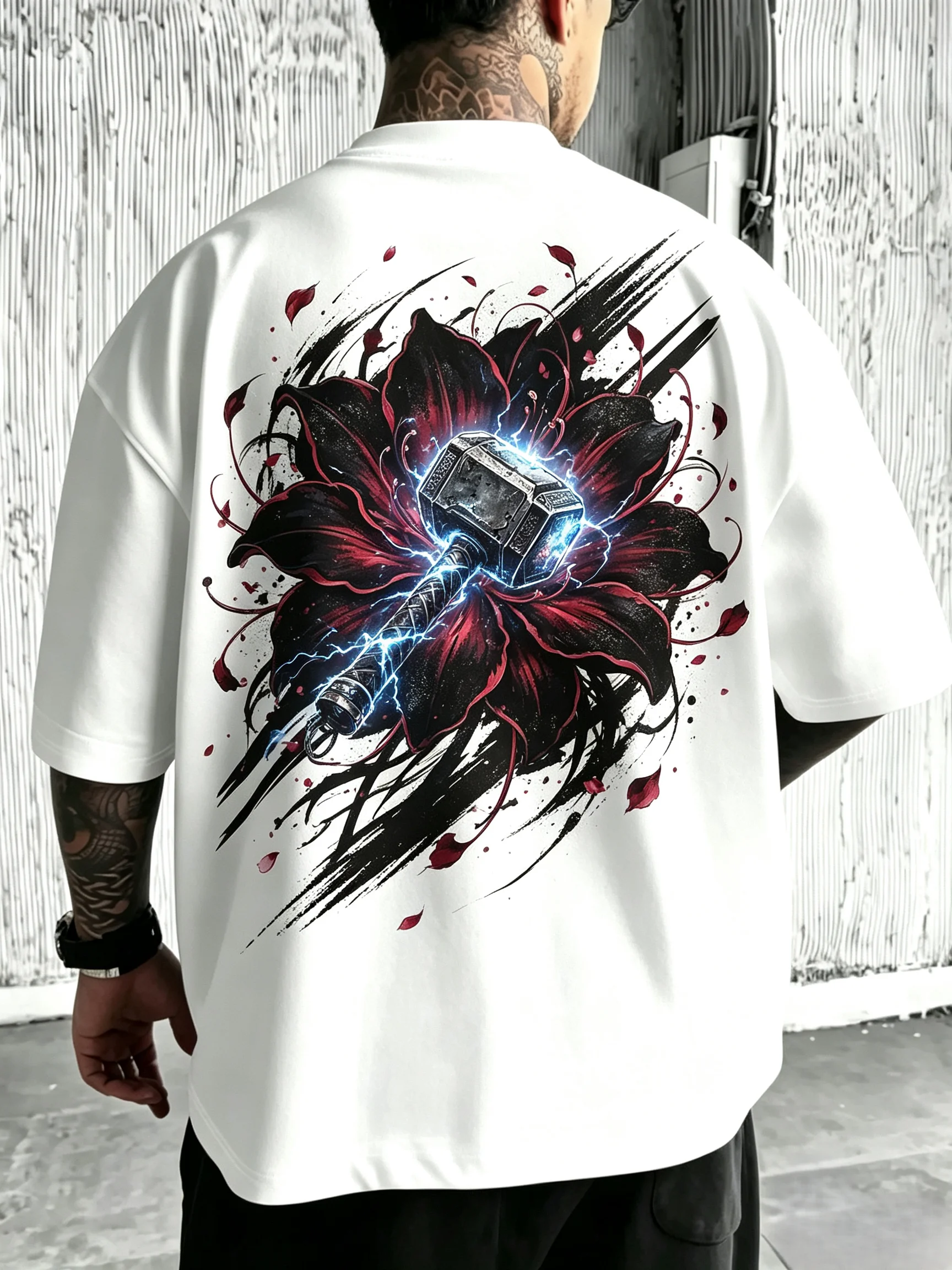 Unisex Black Red Spider Lily Mjolnir Lightning Ink Splash T-Shirt Men Women Oriental Tattoo Back Print Tee Harajuku Oversized Loose Streetwear Short Sleeve Tops