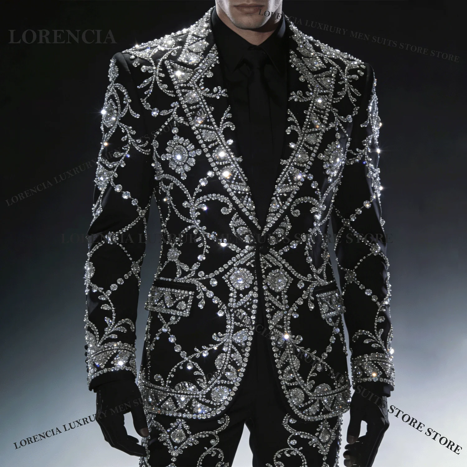 Sparkly Customized Diamond Design Handsome Men Suits Exquisite Wedding Tuxedos Slim Ropa hombre 2 Pieces Sets Groom Male Blazers