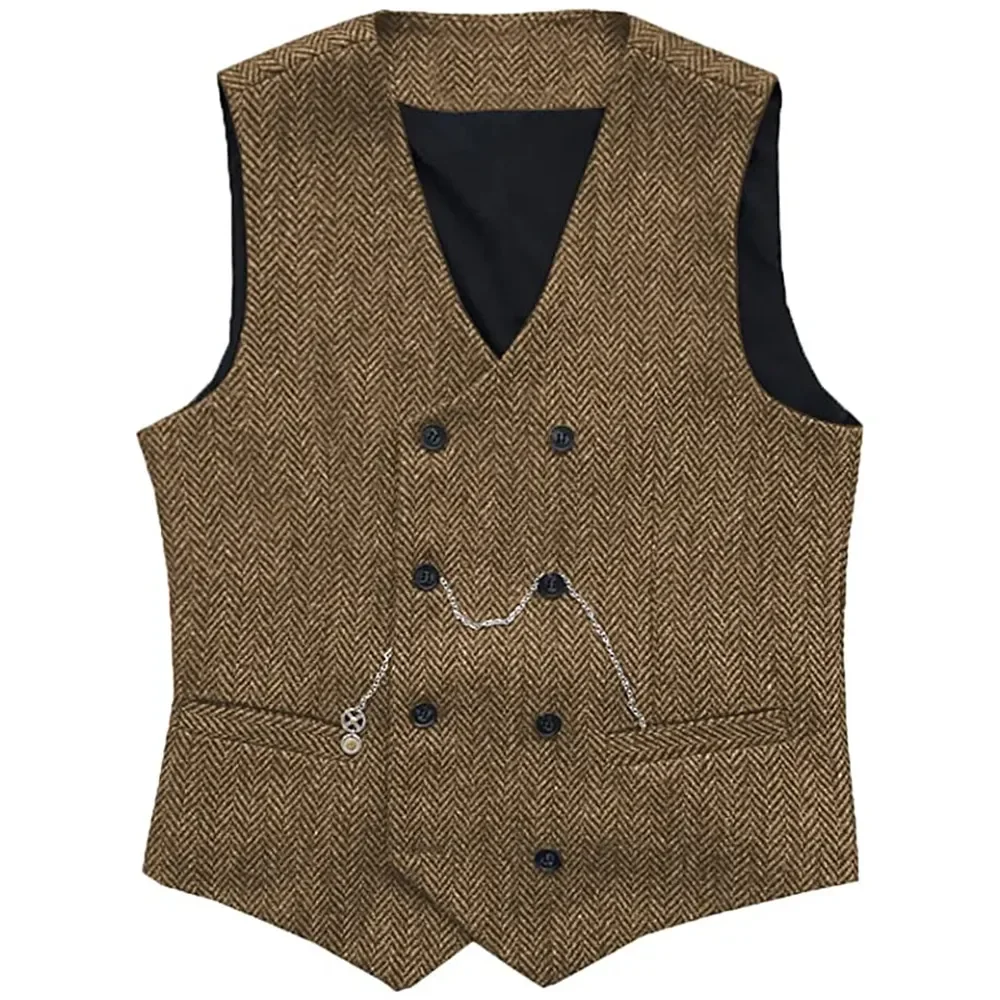 V Neck Men\'s Suit Vests Herringbone Wool Tweed Double Breasted Waistcoat Tuxedo Groomsmen For Wedding Groom One Piece Vest