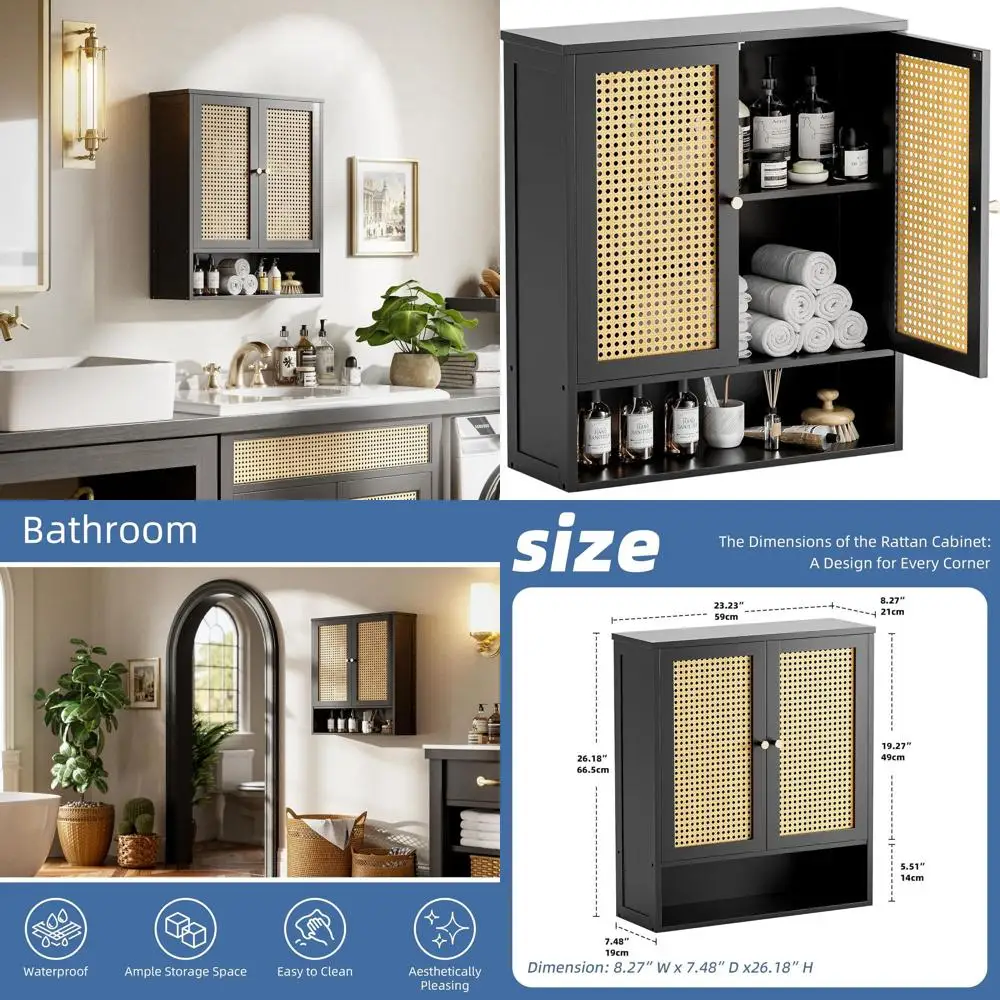 

Бамбуковый шкаф для хранения над унитазом с дверцами из ротанга и регулируемой полкой для небольших ванных комнат (черный)