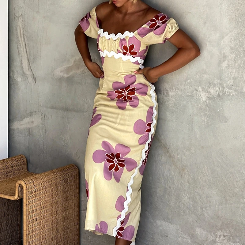 

Fashion Split Holiday Long Dress Summer Floral Print High Waist A-line Dress Elegant Off Shoulder Short Sleeved Slim Party Dress
