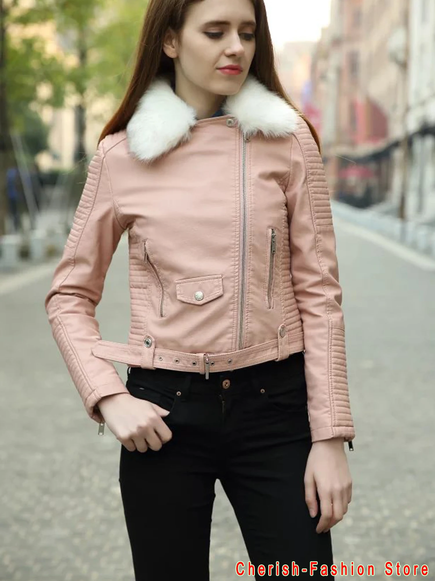 Novo inverno 2023 jaqueta feminina preto rosa do falso casaco de couro quente grosso pele carneiro biker casaco casual feminino