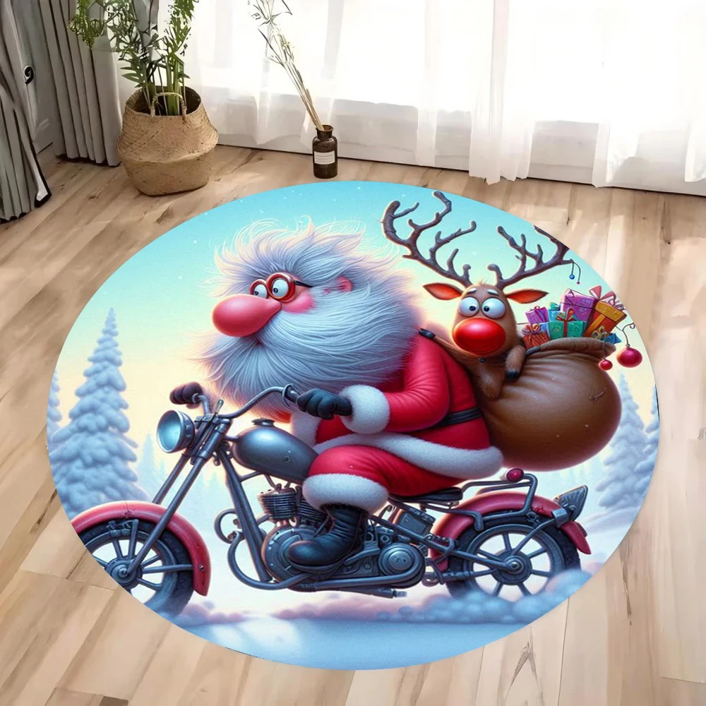 Christmas Santa Claus Round Carpet Living Room Bedroom Mat Festive Atmosphere Decorated Christmas Tree Home Rug Decoration