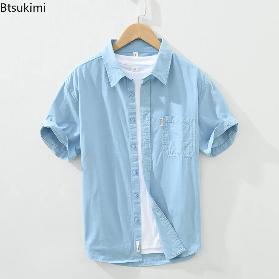 New 2025 Men's 100% Cotton Shirt Tops Loose Casual Shirt Coats Summer Trend Short Sleeve Solid Versatile Blouse Cardigan Male