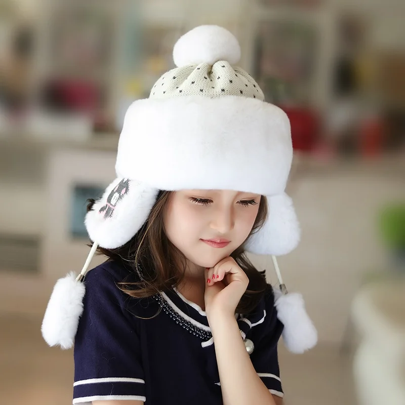 children's-fur-hat-winter-warm-ear-protection-rabbit-fur-wrapped-head-cute-ball-weaving-leifeng-cap-cartoon-sle