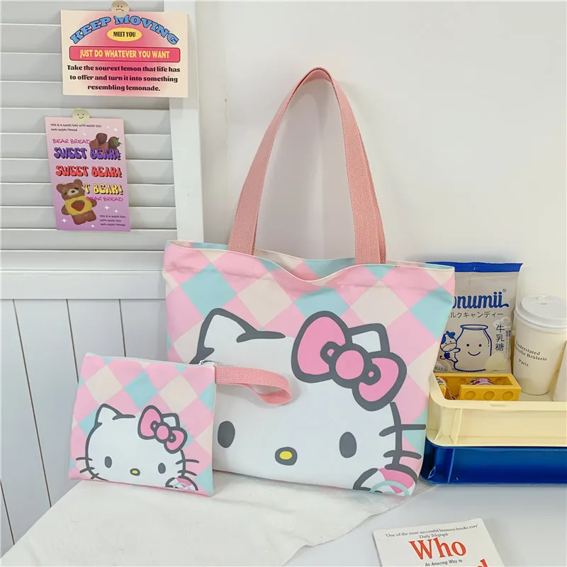 2pcs Kawaii Hello Kitty Canvas Tote Bag For Women Zipper Large Capacity Shoulder Bag Kuromi Cartoon Handbag Ladies Books Bag