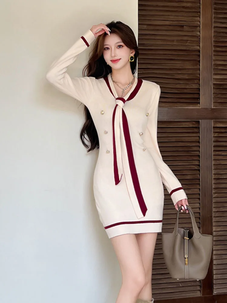 V-ausschnitt Pullover Kleid Frauen 2025, Herbst Neue Koreanische Stil, Mode, Patchwork Farbe, Elegantes Kleid Mit Schleife Mini Strickkleid Frauen