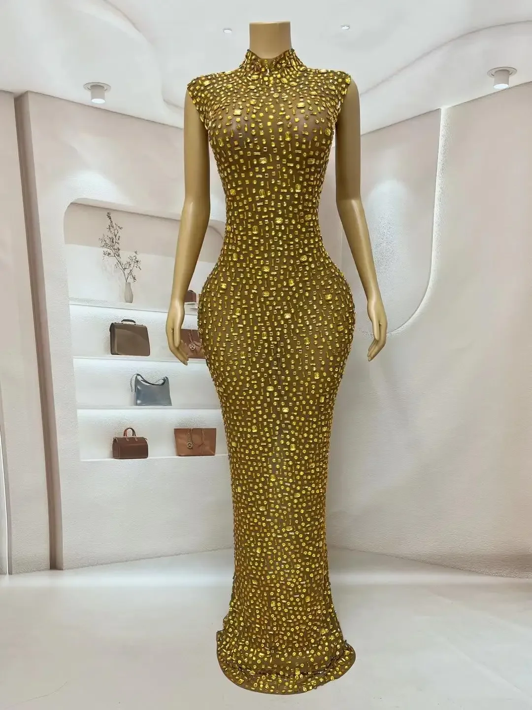 Gold Birthday Dress Concert show outfit Celebrate Long Dress  Luxury Gown Cocktail Party  Sheer Mesh Evening Dress