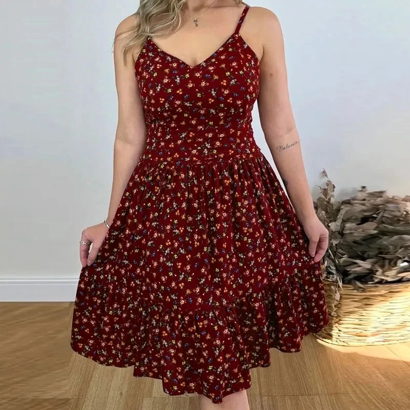 

Vintage Floral Printed Halter Mini Dress Elegant Sleeveless Hollow Out Ruched Short Dress Summer Leisure High Waist Party Dress