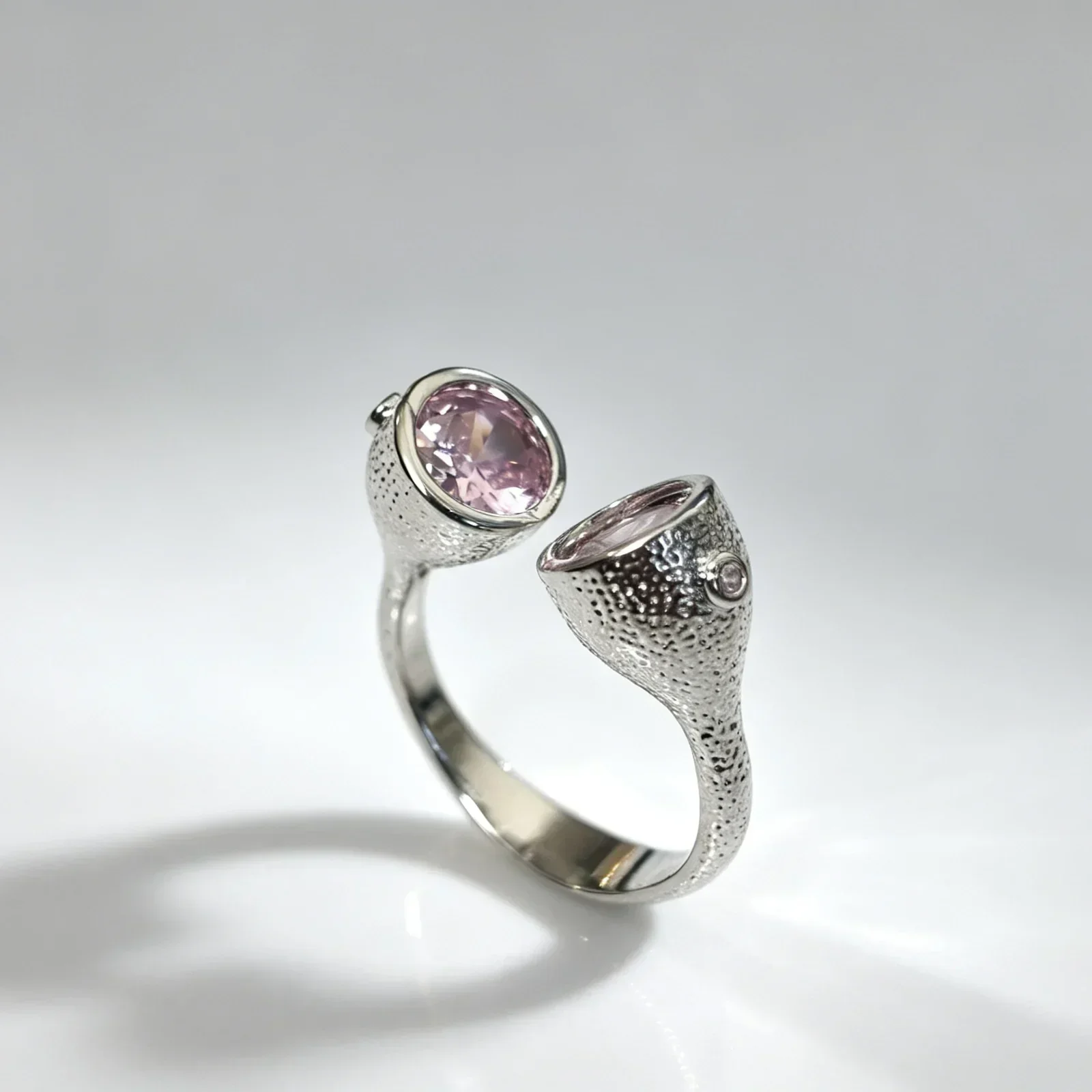 Abstract Goblet Shaped Adjustable Open Ring Two Oval Shiny Pink Zircon Decor Matte Grain Retro Cool Stackable Finger Ornament