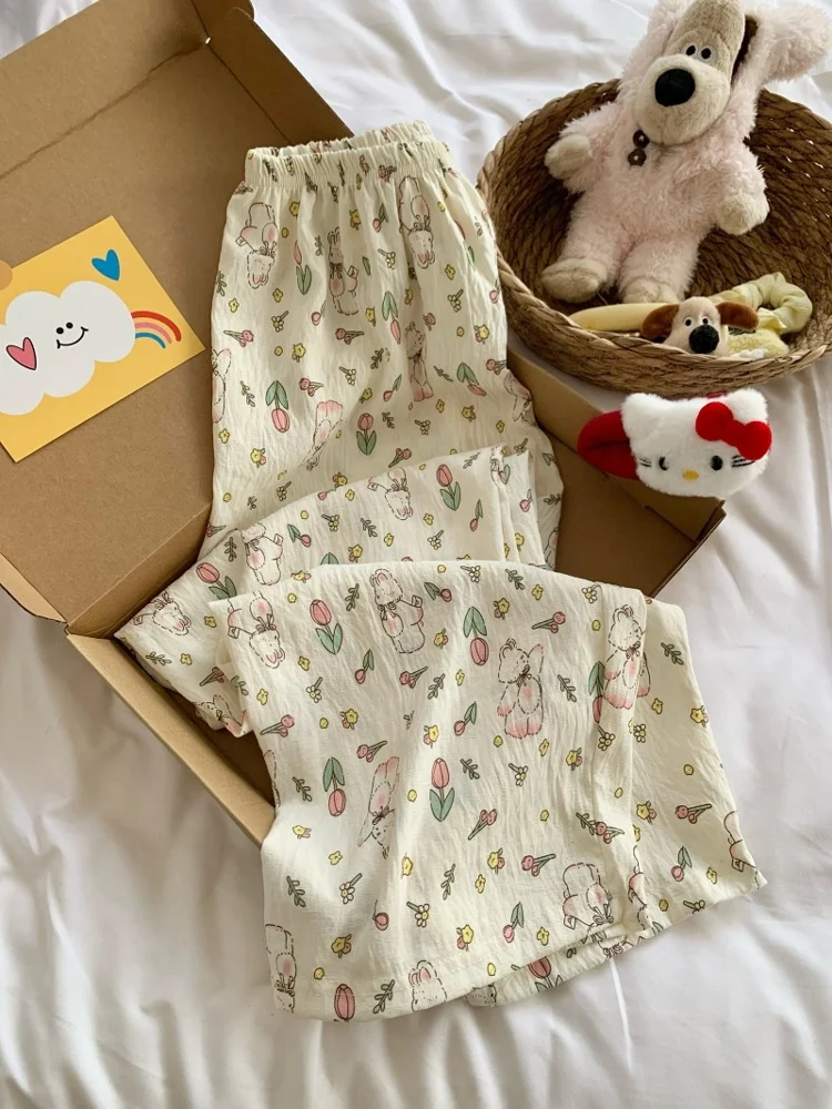 

Милые хлопковые брюки с милыми облаками, женские длинные домашние брюки, прогулочные брюки PPHOME, повседневные удобные летние тонкие брюки с молочным тортом