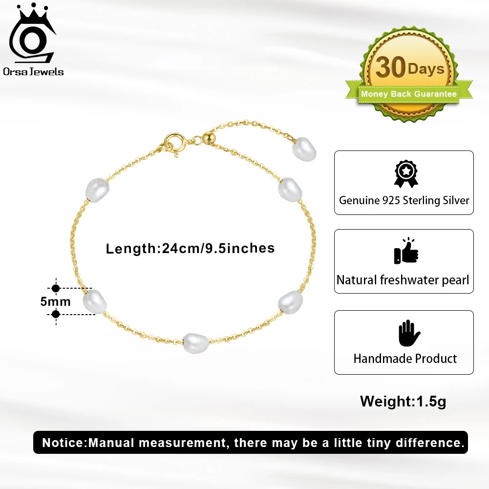 ORSA JEWELS 925 Sterling Silver Adjustable Design Bracelet with Natural Freshwater Pearl Chain 14K Gold for Women Jewelry GPB08