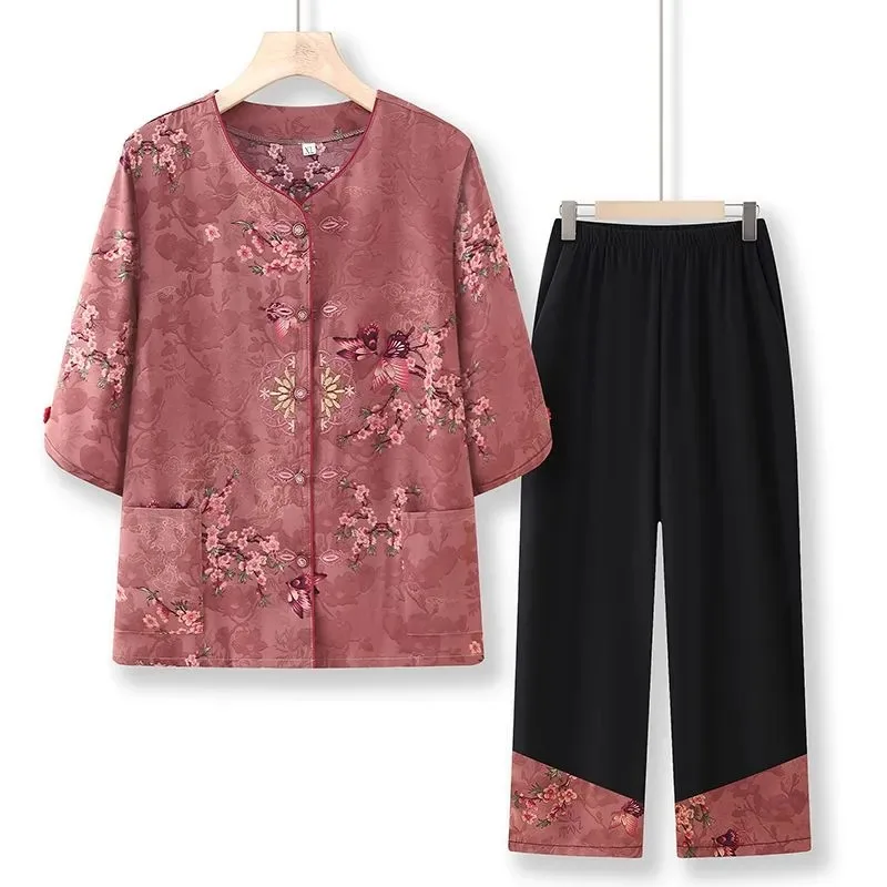 

Women's Floral Print 2 Piece Set Short Sleeve Top Pants Casual Loose Outfit
