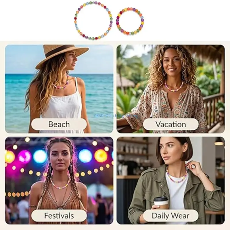 N0PE Sun Activated Color Changing Resin Necklace Delicate Layering Hand Chain Bracelet Beaded Gift Set for Vacation