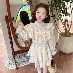 Korean Version Girls Spring and Autumn Lace Retro Buckle Small Stand Up Collar Long Sleeved Shirt Fashionable