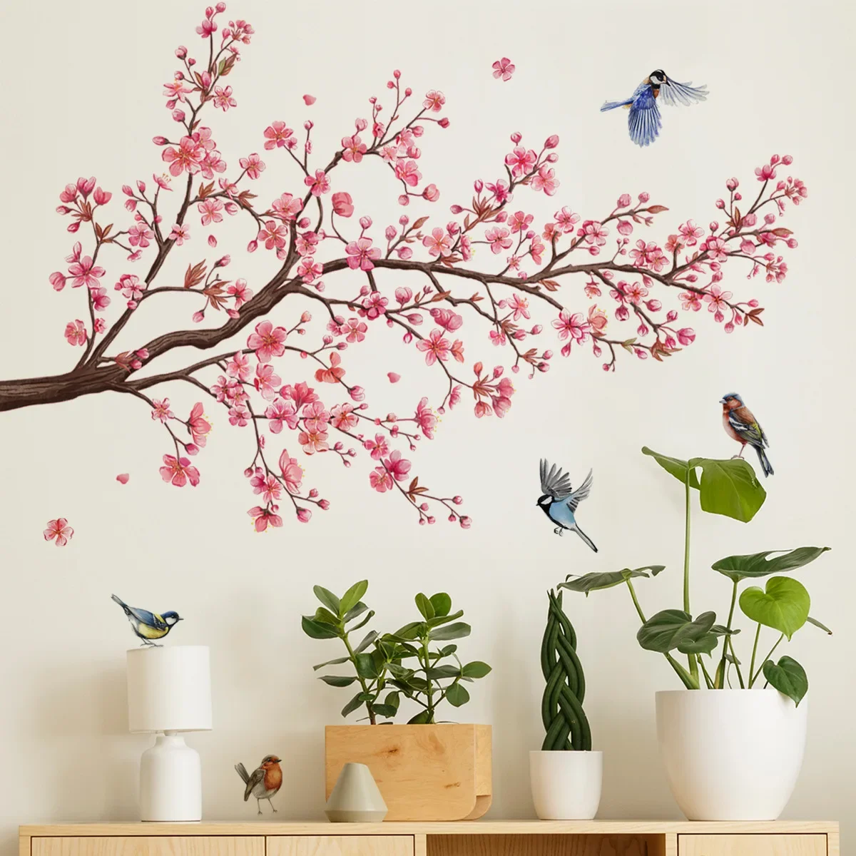 Pegatina de pared de pájaro, rama de árbol de flor de melocotón, fondo de sala de estar, decoración de pared, pegatina de pared autoadhesiva